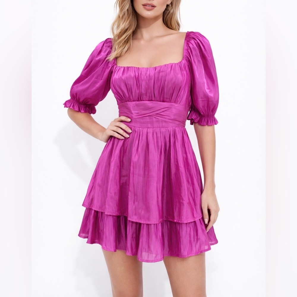 Storia Pink Sheen Puff Sleeve Belted Ruffle Sweet Coquette Dress Size Medium